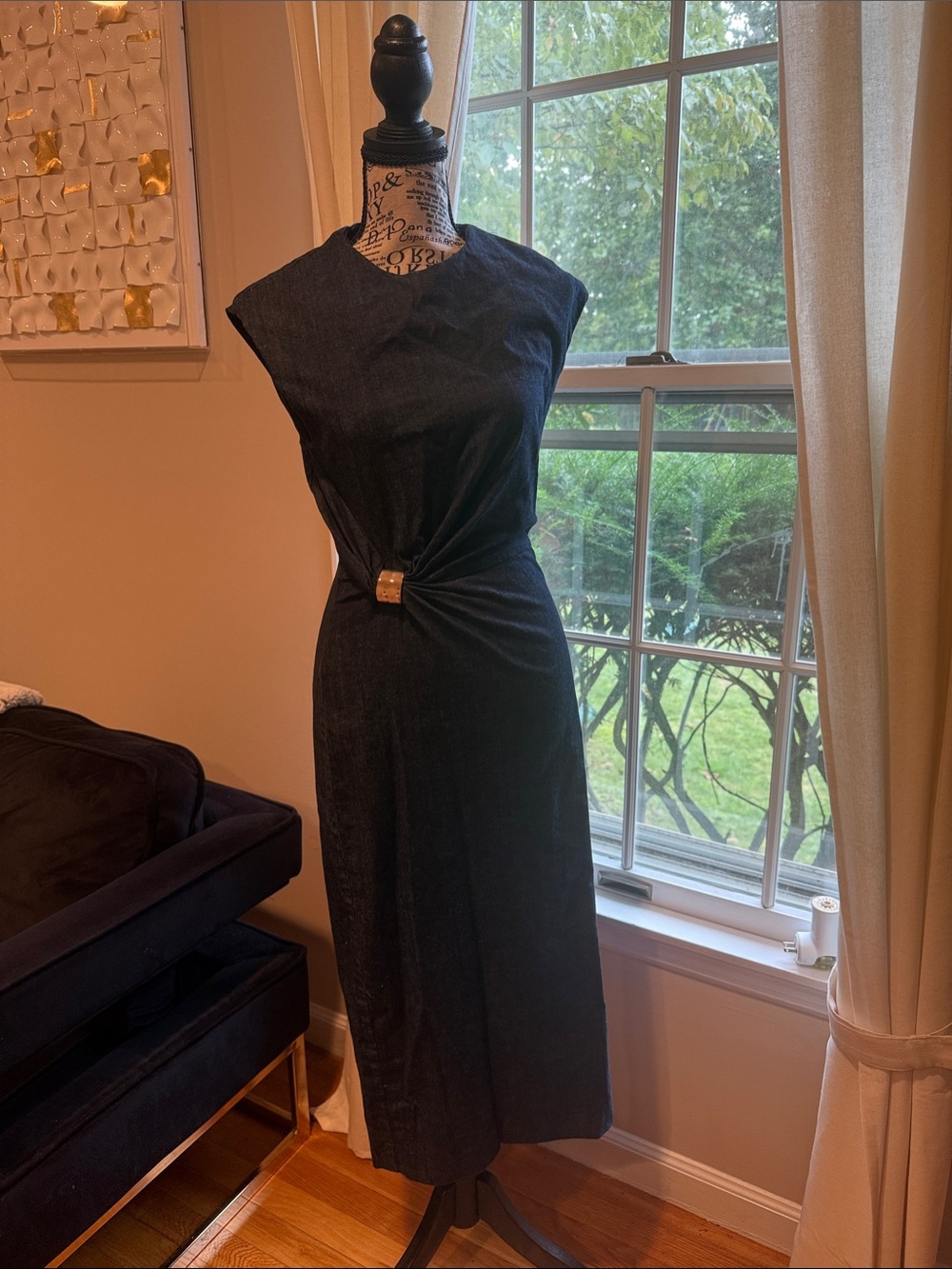 Zara Sleeveless denim Midi Dress with Waist Twist and Gold Accent